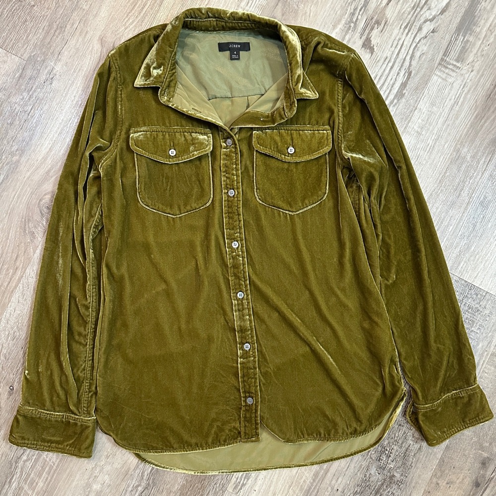 J.Crew Green Velvet Button‎ Down Utility Shirt Size 4 Long Sleeve